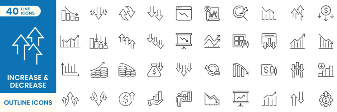 Increase and decrease business analytics outline icons set. Contain growth, decline, chart, statistics, finance and performance symbols. Vector illustration
