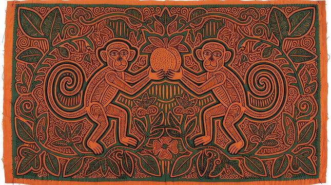 Mola twin monkeys applique, orange green jungle folk textile