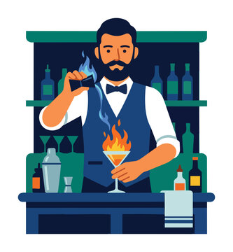Professional Male Bartender Pouring Flaming Cocktail Drink at Bar Counter Illustration.