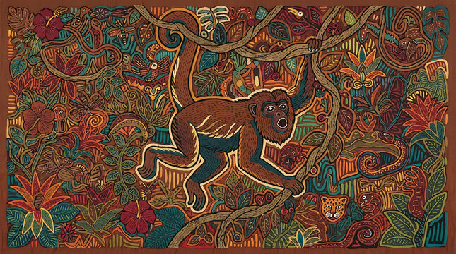 Mola monkey applique art, brown teal rainforest folk textile