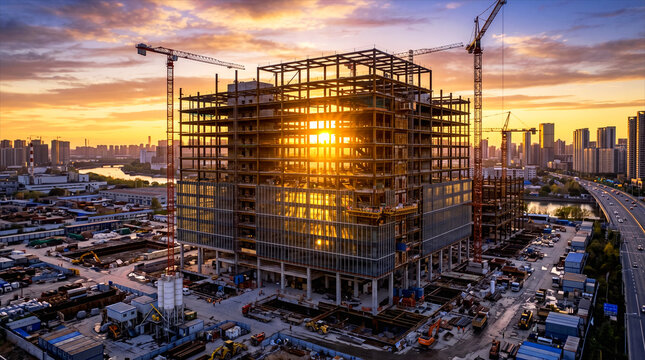 Commercial building construction photo featuring steel framework, cranes, and sunset sky in an urban cityscape.