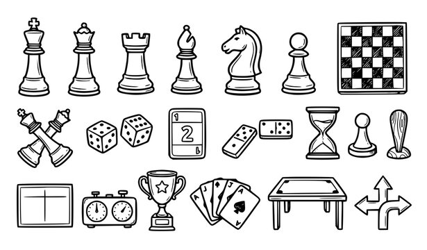 Chess Strategy Tabletop Game Hand Drawn Sketch Icon Collection