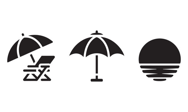 Clean black vector silhouettes of a deck chair under parasol beach umbrella and sunset over sea waves perfect for summer resort branding.