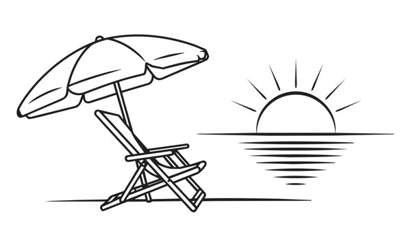 Hand drawn style vector illustration of comfortable beach lounge chair shaded by parasol next to sea horizon with setting sun.