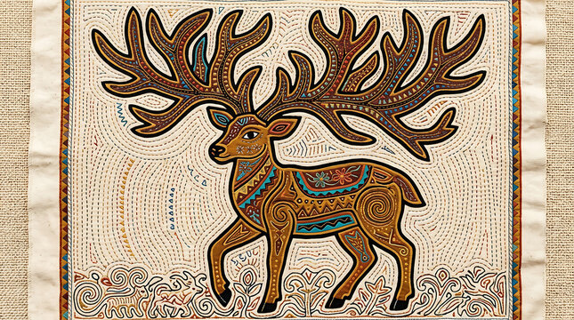 Mola deer applique art, brown gold graceful folk textile
