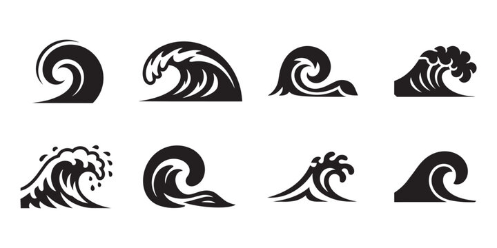 Collection of dynamic liquid waves in black silhouette style representing tidal movement surf and aquatic energy for oceanic design themes and marine projects.