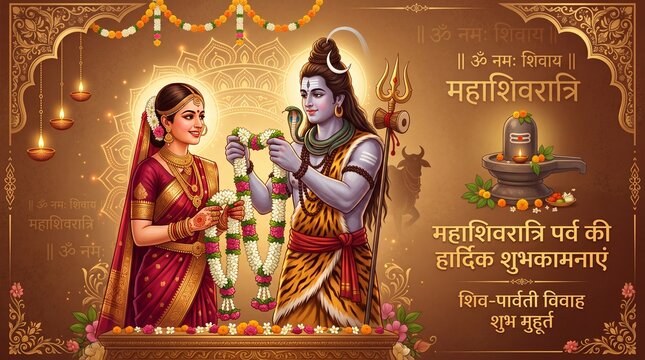 Shiva Parvati festival artwork with sacred garlands lamps and temple motifs for Mahashivratri greetings cultural devotion and celebration