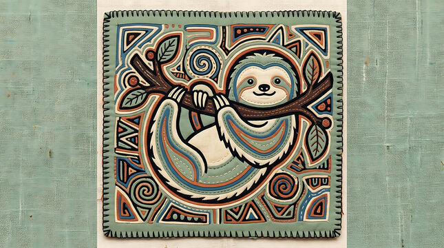 Mola animal textile art, three-toed sloth folk design
