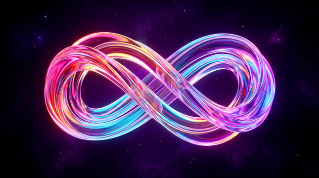 Infinity symbol 3D render with holographic and neon light effects against a dark space background