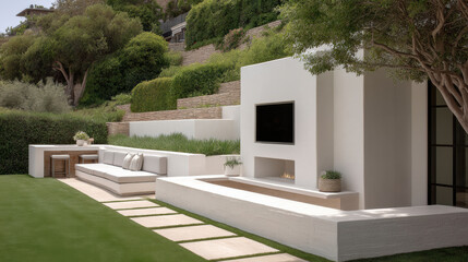 Obraz premium Modern white retaining wall, backyard, outdoor seating, fireplace, television, lush greenery, relaxing atmosphere