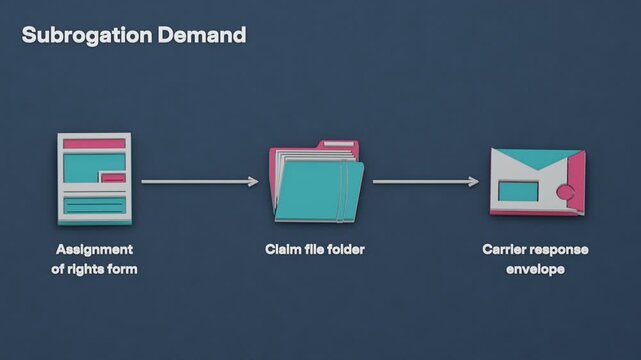 The insurer pays the loss, secures a signed assignment of rights, and sends a subrogation demand to the carrier in a staged sequence. Flat 3D style; objects labelled in English.