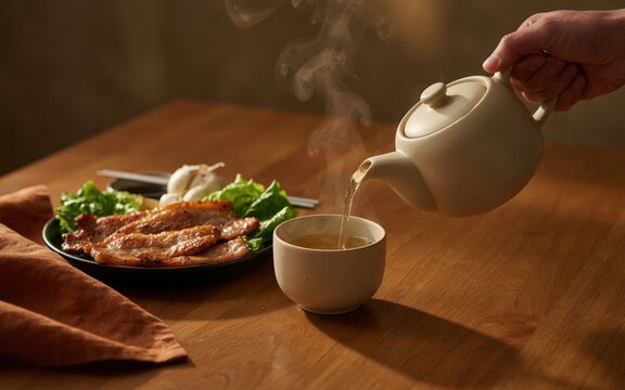 Hand Pouring Hot Tea Beside Grilled Pork Belly