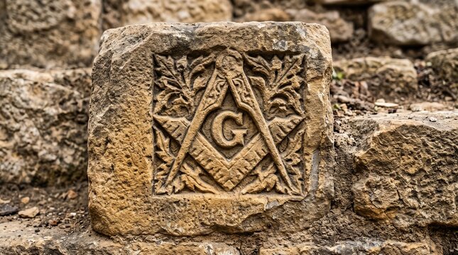 Ancient stone carving of masonic square and compass symbol with letter G on historic weathered stonework