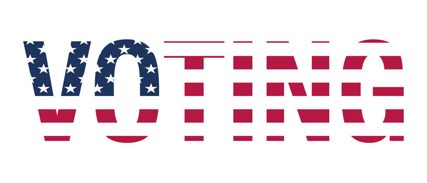 Patriotic word VOTING stylized with American flag stars and stripes graphics on transparent or white background for USA election campaign