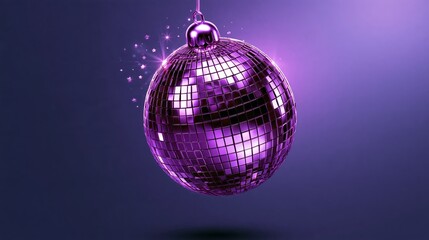 Fototapeta premium Whimsical New Year photo. Disco ball dizzy from spinning too fast, tiny stars around head, dark purple gradient.