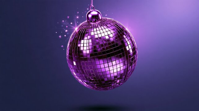 Whimsical New Year photo. Disco ball dizzy from spinning too fast, tiny stars around head, dark purple gradient.