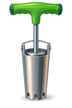 A bulb planter with a tapered polished steel cylinder, a push-out plunger rod and a strongly saturated green T-shaped handle, isolated on white