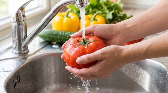 Fresh red tomato being carefully washed by hands under running clean water in a stainless steel kitchen sink while vibrant yellow bell peppers and green vegetables wait in the background
