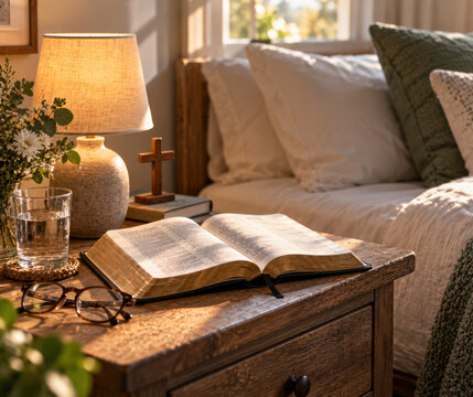 Open Bible and Christian Cross in Cozy Bedroom for Peaceful Daily Devotion