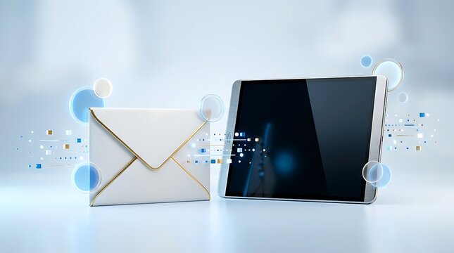 Electronic email correspondence represented by a tablet and an envelope with digital icons envelope communication technology internet connectivity correspondence