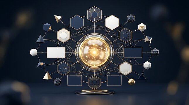 Central golden sphere surrounded by geometric data nodes and interconnected digital icons with geometric technology connection abstract structure information