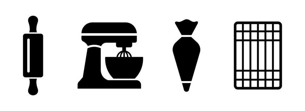 Baking tools icons set. Rolling pin, stand mixer, piping bag and cooling rack vector illustration