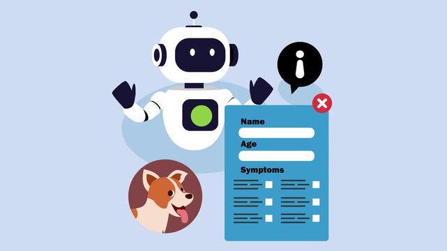 AI veterinary assistant robot displaying pet symptoms form and dog profile cartoon animation