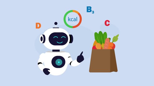 AI robot nutrition advisor analyzing groceries for calories and vitamins cartoon animation