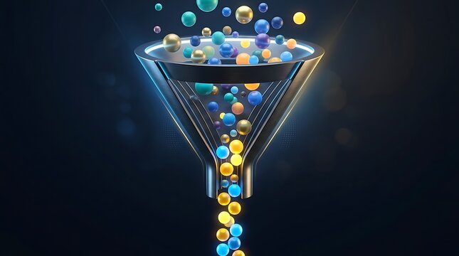 Funnel filtering colorful glowing spheres into a single stream with colorful collection luminous abstract business strategy innovation management analytical