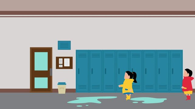 Children in Raincoats Walking in School Hallway cartoon animation