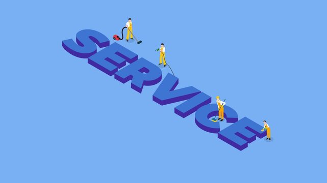 Isometric Cleaning Service Team Cleaning 3D Service Text 3d animation cartoon