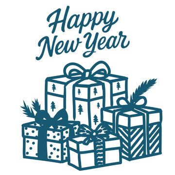 Happy New Year hand drawn lettering with festive gift boxes, ribbons and Christmas tree patterns. Winter holiday greeting illustration for cards, banners, posters and seasonal designs.