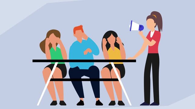 Woman Shouting through Megaphone at People Covering Ears Concept cartoon animation