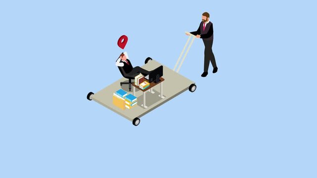 Businessman Pushing Lazy Colleague on Office Desk Trolley 3d animation cartoon