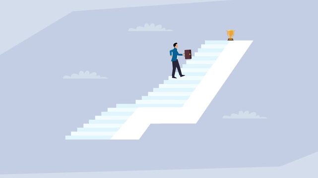 Businessman Walking Up Staircase Graph to Trophy Cup Concept cartoon animation