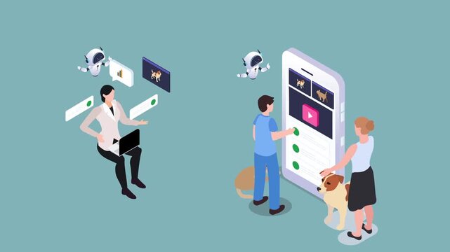 AI Assistant Managing Pet Care App for People and Pets 3d animation cartoon