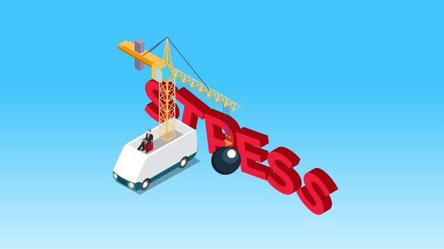 Businessman Operating Crane Wrecking Ball Destroying Stress Text Concept 3d animation cartoon