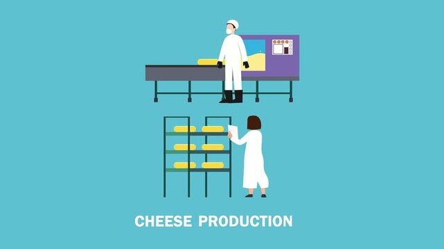 Cheese Production Process with Workers and Factory Machinery cartoon animation