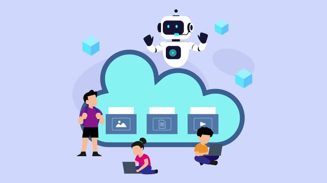 AI robot managing cloud storage and data sharing for students cartoon animation