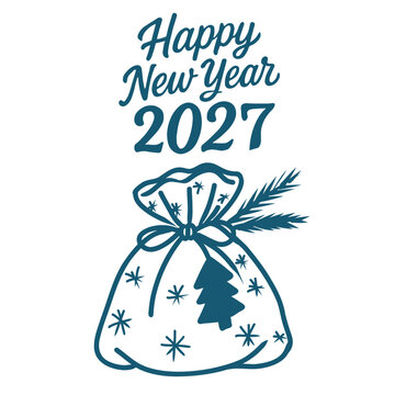 Happy New Year 2027 hand drawn lettering with festive gift boxes, ribbons and Christmas tree patterns. Winter holiday greeting illustration for cards, banners, posters and seasonal designs.