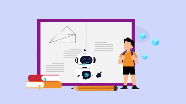 AI robot tutor teaching student geometry on notebook page cartoon animation