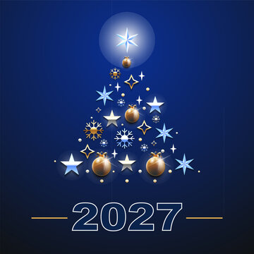 Design featuring a holiday tree made of gold Christmas ornaments, gift-style decorations, and snowflakes. New Year banner 2027, numerals. "Happy New Year 2027" on a dark background. Holiday. Vector il