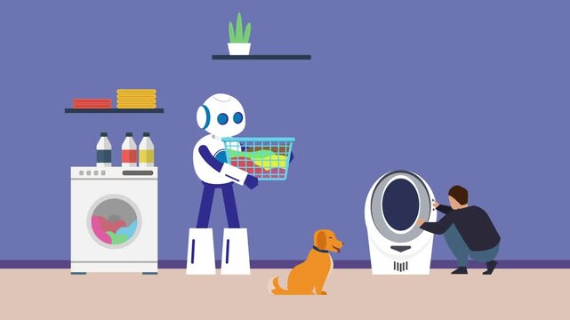 AI robot helper holding laundry basket near washing machine and smart pet device cartoon animation