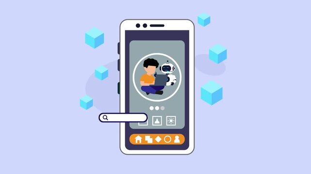 AI mobile application interface showing robot and student on smartphone screen cartoon animation