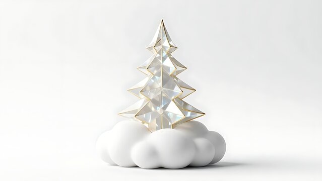 Minimalist 3D Christmas asset featuring single abstract geometric crystal pine tree with gold Kintsugi edges on volumetric white matte cloud