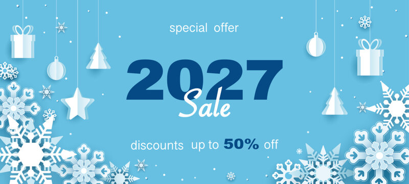 2027 New Year holiday banner. Discounts of up to 50% for the New Year and Christmas holidays; winter sale/promotion. Festive card, gifts, and ornaments&mdash;paper cutouts on a blue background. Vector illus