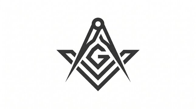 Minimalist black vector line art masonic square and compass symbol with letter G isolated on white background