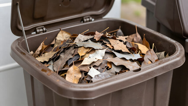 Brown composting bin filled with autumn leaves. A close up shot of a brown composting bin filled with dried autumn leaves and plant matter, indicating seasonal cleanup and organic waste recycling.