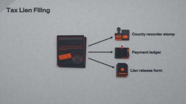 Recording a tax lien encumbers the property title and tracks outstanding arrears pending payment and release. Flat 3D style; objects labelled in English.