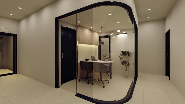 Modern academy consulting room interior with curved glass partition and warm lighting, 4K 3D rendering